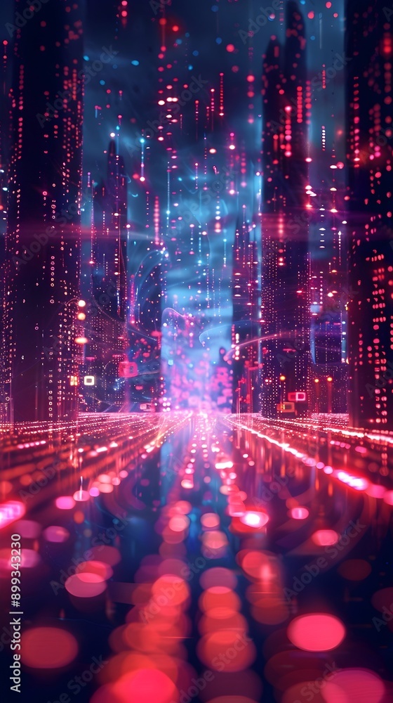 Poster cyber landscape with floating holographic elements and data streams