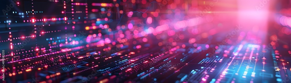 Poster futuristic digital holographic display with interactive neon data streams