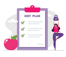 Diet plan illustration. People training and doing sports and fitness.