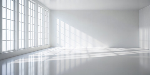 Fototapeta premium Abstract white studio background for product presentation. Empty room with shadows of window. Display product with blurred backdrop. Soft focus, Generative AI
