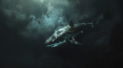 A lovely vast white shark floating in the dark, feral marine life, and the peril of gloom and space 