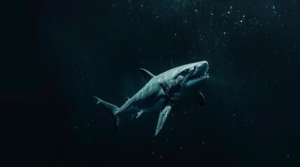 A lovely vast white shark floating in the dark, feral marine life, and the peril of gloom and space 