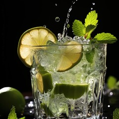 Refreshing Cold Mojito Cocktail with Lime and Ice Cubes