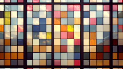 Fototapeta premium Colorful abstract mosaic tiles background, a vibrant and modern room with a wall of colorful glass panels in red, blue, yellow, and other bright colors