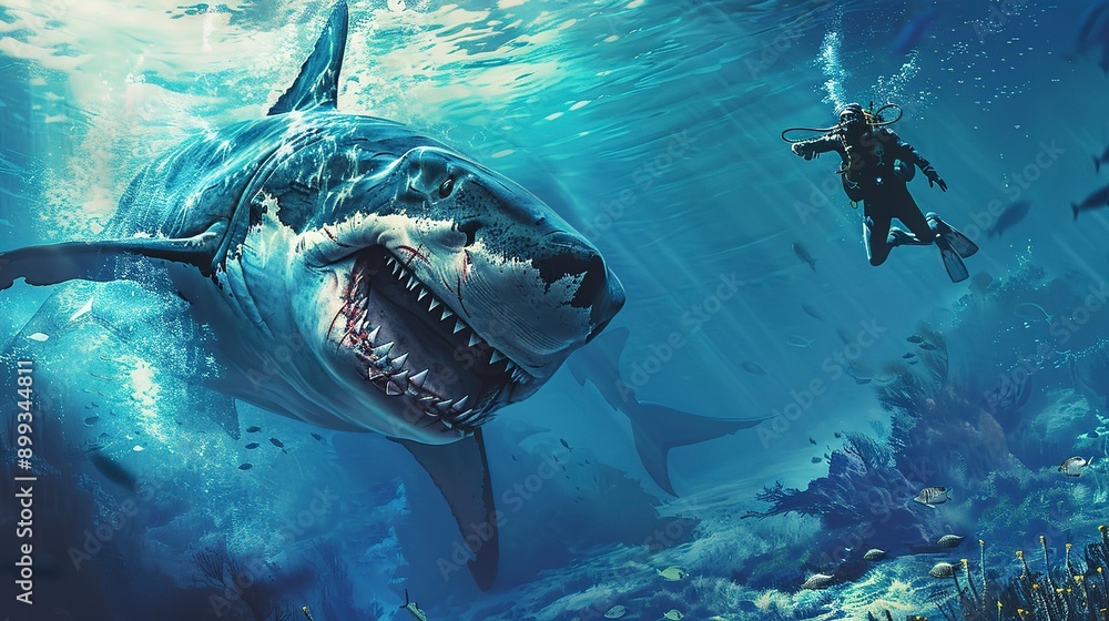 Poster majestic megalodon shark encounter brave diver explores ancient depths underwater adventure digital painting 