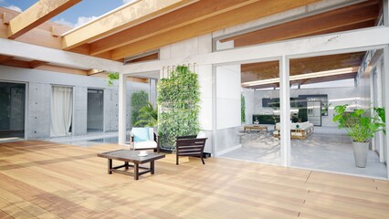 interior of modern house, living room, terrace and garden