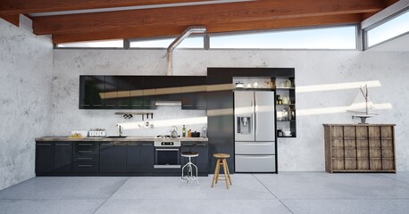 modern kitchen in a loft with concrete walls