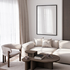 Frame mockup, ISO A paper size. Living room wall poster mockup. Interior mockup with house background. Modern interior design. 3D render
