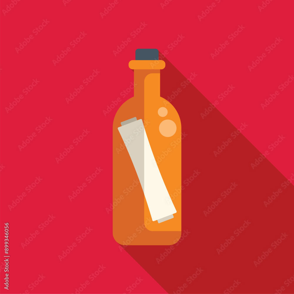 Poster glass bottle containing message floating on water, simple icon with long shadow on red background