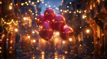 Festive Balloons Against a Blurred Cityscape of Lights