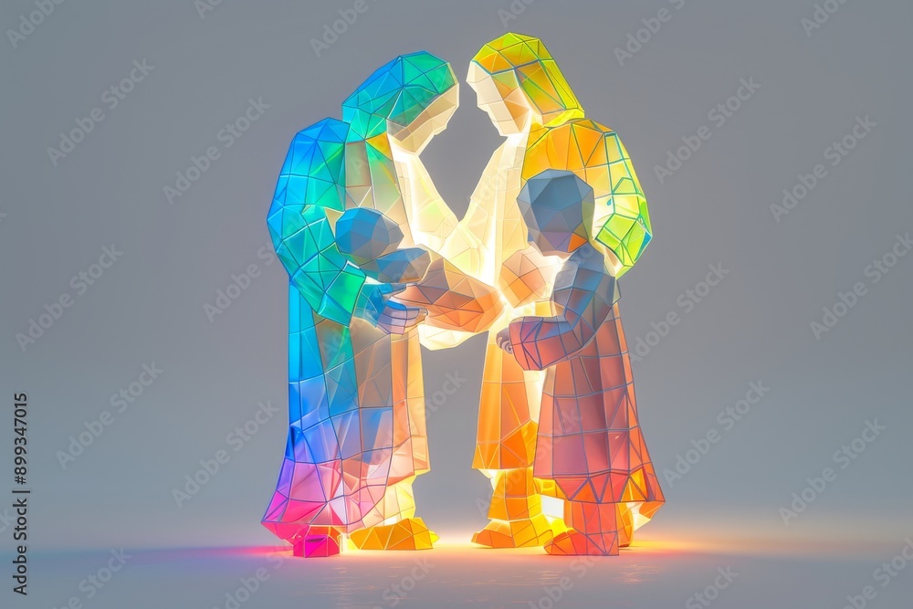 Poster vibrant digital interaction between a family in a glowing high tech environment symbolizing connecti