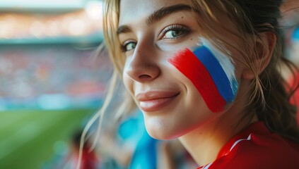 Obraz premium Portrait of a joyful young woman with face paint, supporting her team at a lively sports event, capturing the excitement of fans in the stadium.