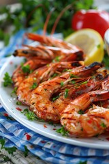 grilled shrimp fried on a plate. Selective focus.