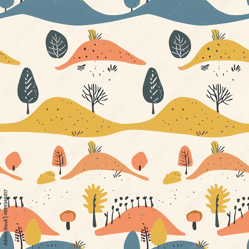 Poster a painting of a forest with trees and hills. the trees are of different colors and sizes, and the hi