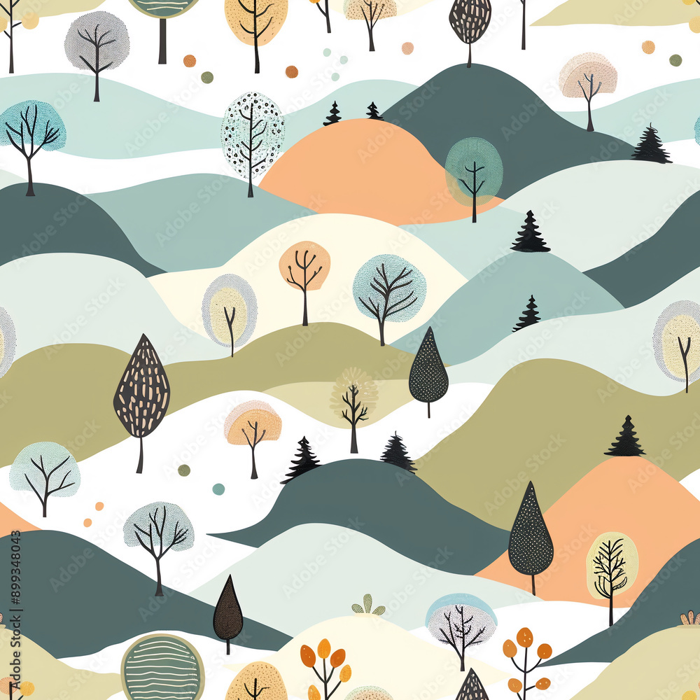 Poster a painting of a forest with trees and hills. the trees are of different colors and sizes, and the hi