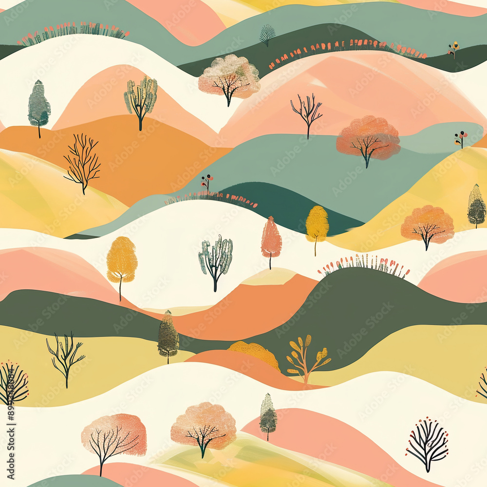 Poster a painting of a forest with trees and hills. the trees are of different colors and sizes, and the hi