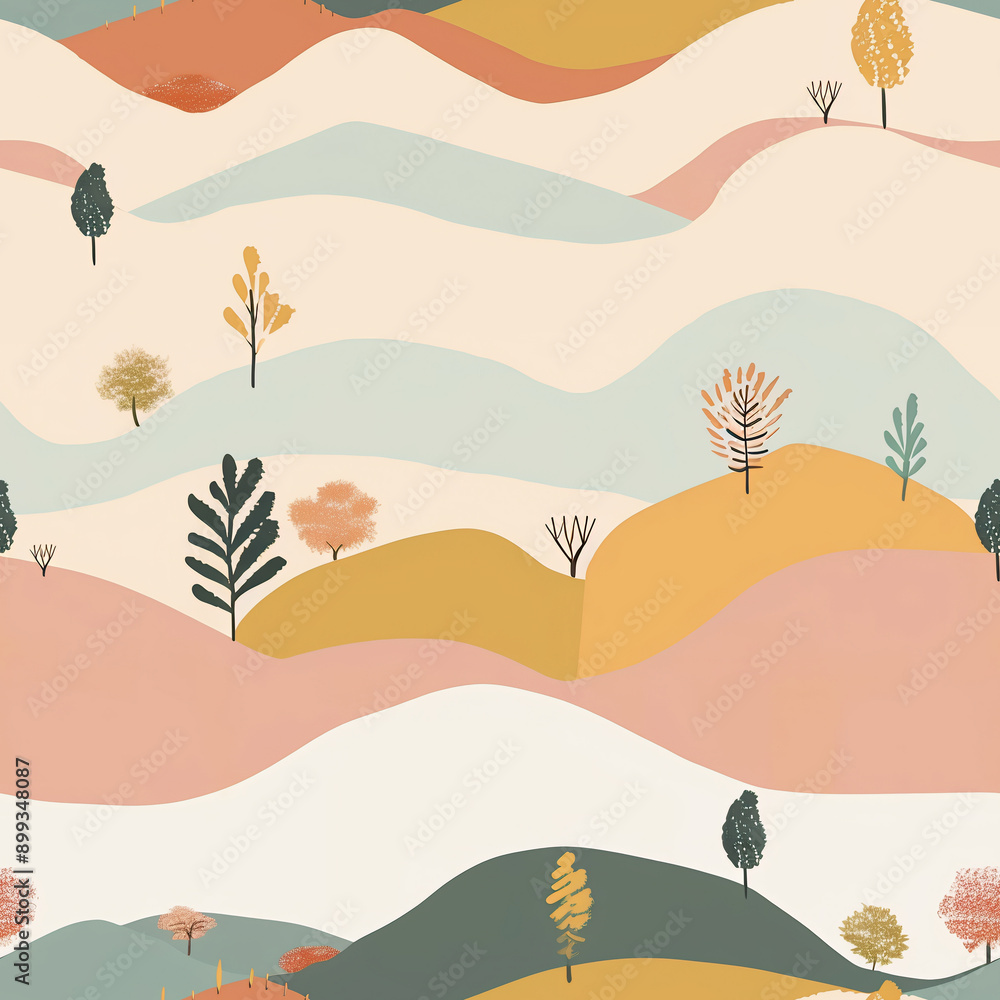 Poster a painting of a forest with trees and hills. the trees are of different colors and sizes, and the hi