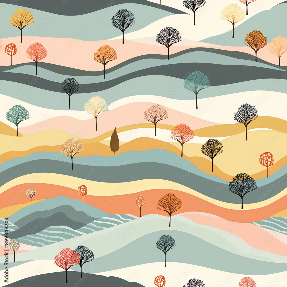 Poster a painting of a forest with trees and hills. the trees are of different colors and sizes, and the hi