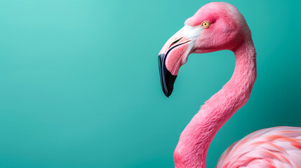 Vivid pink flamingo with a teal background showcasing elegant plumage and vibrant colors in a minimalist setting.