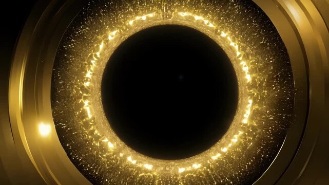A hypnotic 4k background of spinning black circles and glimmering gold lights