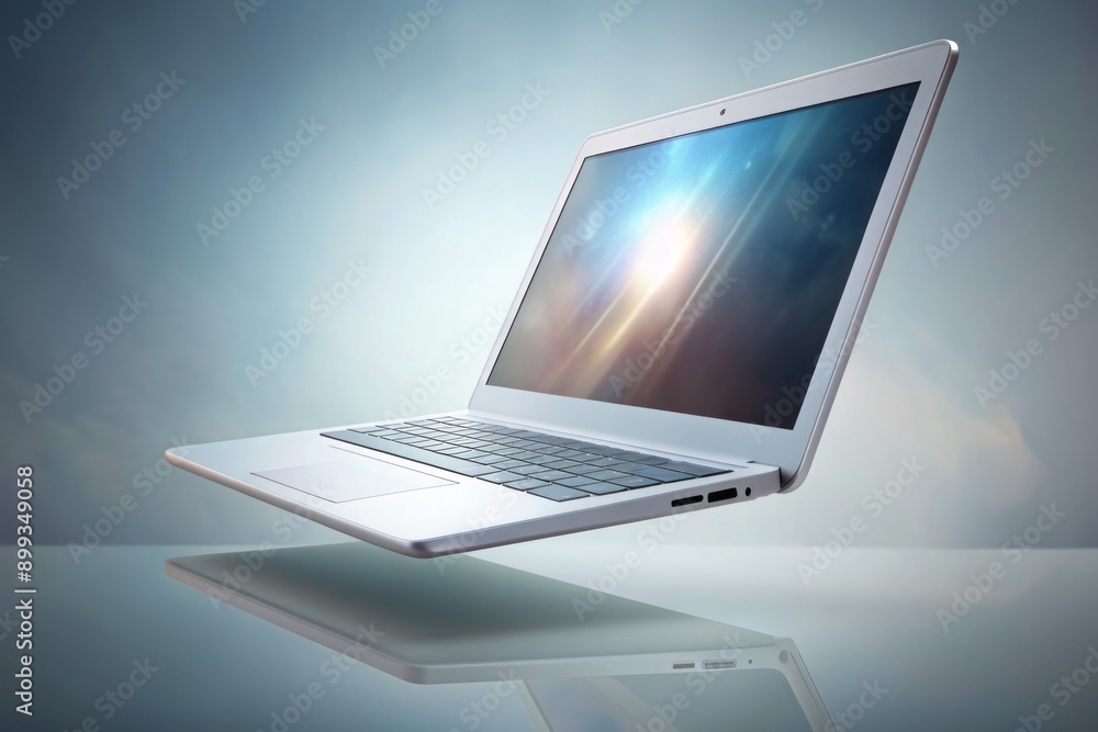 Fototapete isolated white floating laptop computer with transparent screen displaying blurred content, hovering