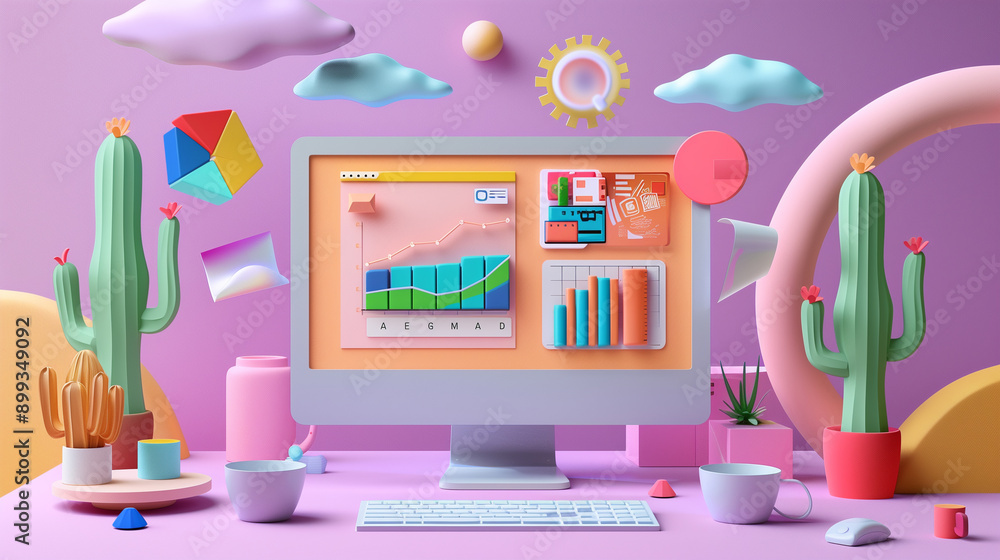 Poster a computer monitor with a colorful background and a few plants on the desk. the plants are green and