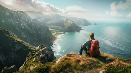 A hiker takes a break to admire the stunning view of the ocean and mountains, enjoying the serene moment amidst nature.