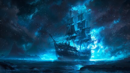 Fototapeta premium A sailboat in the beauty of the night. A magical evening by the ocean and under the moon. Design for paintings