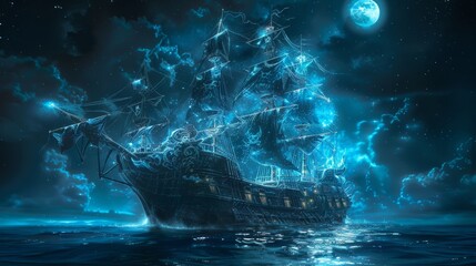 Fototapeta premium A sailboat in the beauty of the night. A magical evening by the ocean and under the moon. Design for paintings
