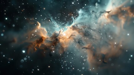 Early development of a nebula with bright and dark regions as new stars and stellar matter begin to coalesce.