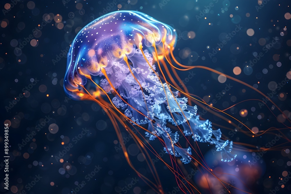 Poster intricate jellyfish floating in deep sea bioluminescent environment with copy space