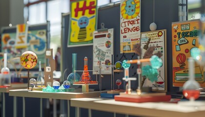 A school science fair setup with project displays, posters, and models. The scene captures the excitement and creativity of the students' experiments.