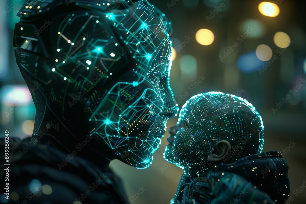 Canvas Prints Robotic and human face to face interaction in a neon lit environment symbolizing connection technology and future possibilities