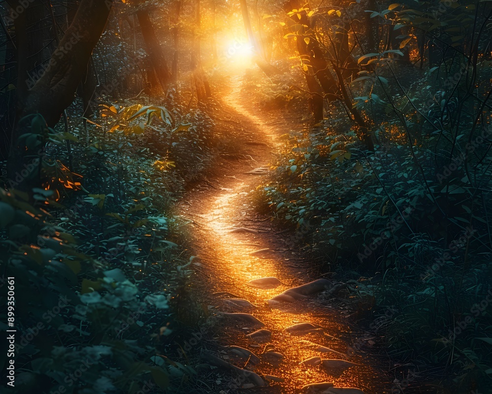 Poster brightly lit mystical path through enchanting autumn forest symbolizing new beginnings and guidance