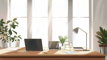 Minimalist Home Office Desk with Sunlight and Plants