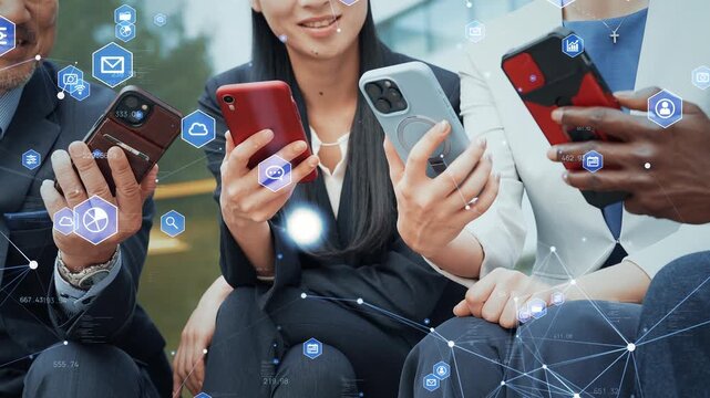 Group of multinational business people using smartphones and digital technology concept.