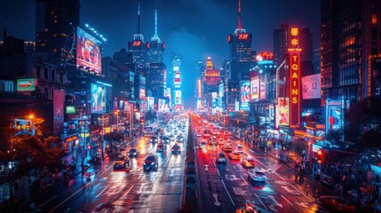 Obraz premium Vibrant Urban Nightlife: City Street with Neon Lights and Energetic Crowd Captured with Nikon D850 and 35mm Lens