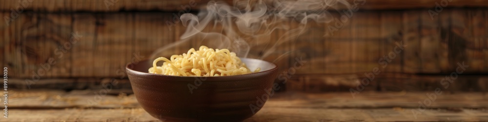 Poster a steaming bowl of instant noodles rests on a wooden table, emitting delicious aromas that invite en