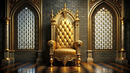 Golden luxury royal throne in a dark gothic hall , royalty, chair, gold, luxury, palace, church, royal, regal, elegant, lavish