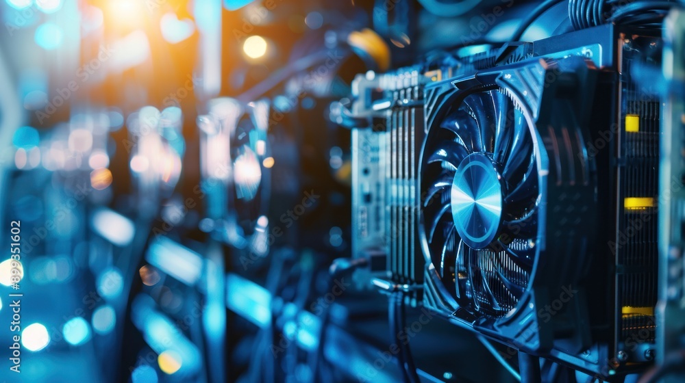 Poster closeup of a graphics card in a server room
