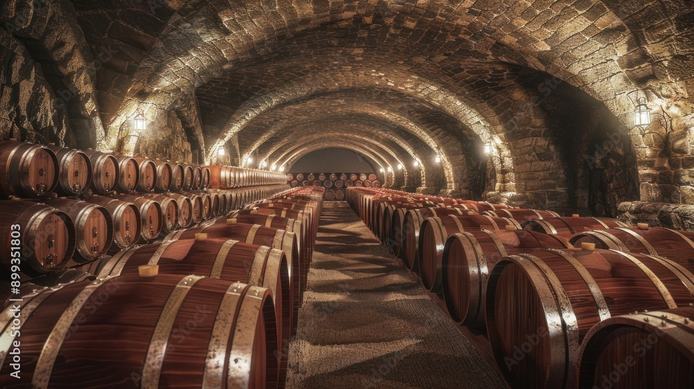 Poster wine cellar with rows of barrels