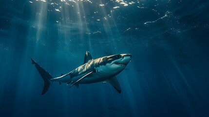 Fototapeta premium Majestic Great White Shark Powerfully Swimming through the Oceanic Depths