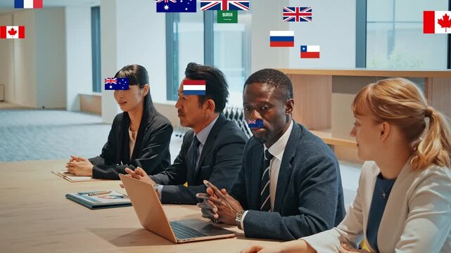 A group of multinational business people having a meeting and flags of all nations concept.