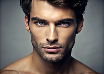Obraz premium Strong jawline and piercing eyes of a handsome male model captured in close-up, with a slight smile and chiseled facial features against a minimalist background.
