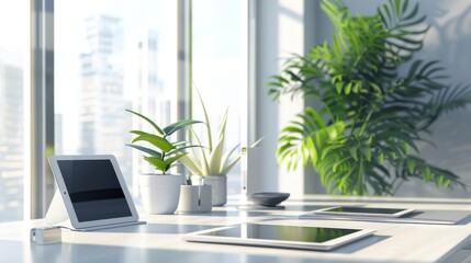 Modern Minimalist Office Desk with Plants and City View