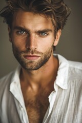 Obraz premium A rugged young man in an unbuttoned white shirt poses indoors with a captivating expression
