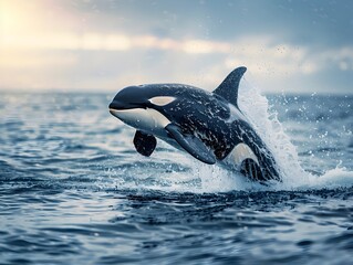 Fototapeta premium Elegant Orca Breaching the Surface of the Ocean Powerful and Graceful Marine Mammal