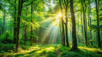 Naklejka premium Sunlight filtering through lush green trees in a vibrant forest setting, Sun rays, forest, trees, nature, sunlight