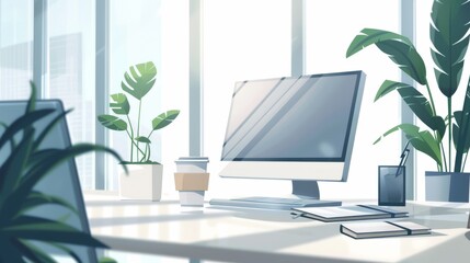 Modern Office Workspace with Plants and Sunlight