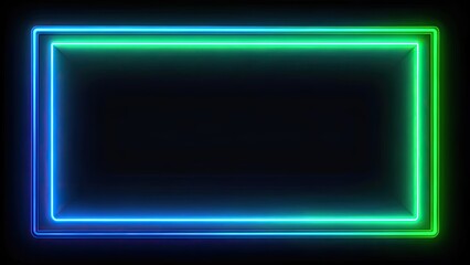 Rectangular neon frame with blue and green colors on black background, neon, frame, blue, green, rectangular, black,glowing